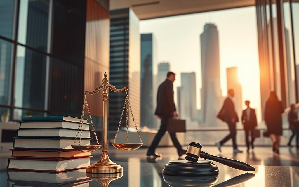 A Prominent Law Office Against A Backdrop Of Sleek Skyscrapers, Bathed In Warm Afternoon Light. In The Foreground, A Pair Of Scales Symbolizing Justice, Flanked By Stacks Of Law Books And A Gavel. Lawyers In Formal Attire Stride Purposefully, Briefcases In Hand, While Clients Confer In The Lobby. The Atmosphere Exudes Professionalism, Expertise, And The Gravity Of Legal Practice Areas, From Corporate Law To Litigation, Family Law To Intellectual Property.
