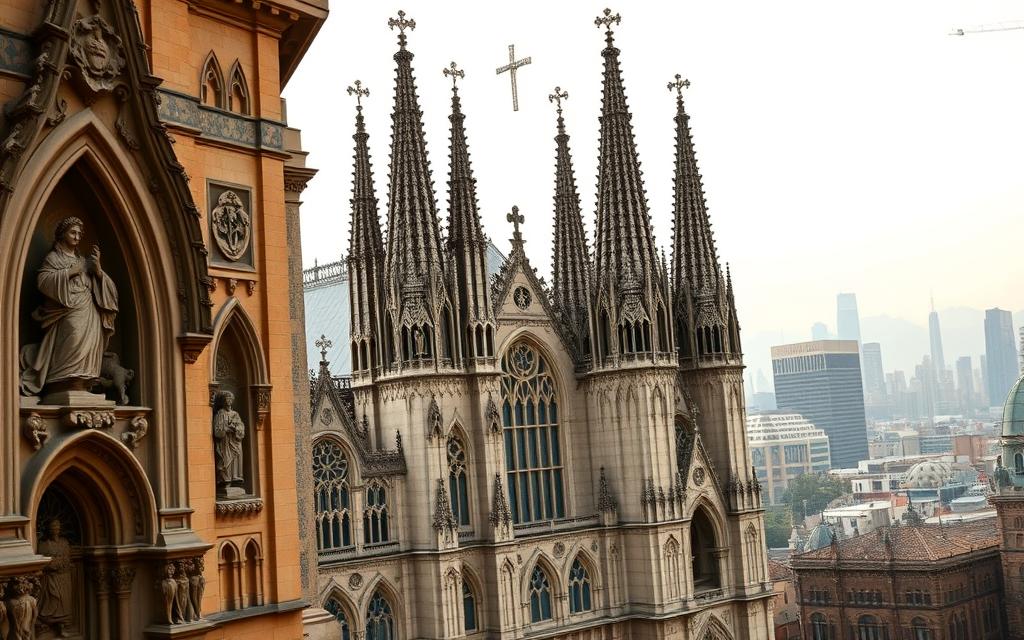 A Majestic Cathedral Stands Tall, Its Ornate Spires And Stained Glass Windows Reflecting The Reverence Of The Faithful. The Foreground Depicts Intricate Carvings And Statues Depicting Religious Figures, While The Middle Ground Showcases The Building'S Grand Architectural Details. In The Background, A Bustling City Skyline Serves As A Testament To The Enduring Significance Of This Historic Cultural Landmark, Protected From The Encroachment Of Eminent Domain. Soft, Warm Lighting Casts A Serene, Awe-Inspiring Atmosphere, Conveying The Sacred Nature Of This Hallowed Ground. A Majestic Cathedral Stands Tall, Its Ornate Spires And Stained Glass Windows Reflecting The Reverence Of The Faithful. The Foreground Depicts Intricate Carvings And Statues Depicting Religious Figures, While The Middle Ground Showcases The Building'S Grand Architectural Details. In The Background, A Bustling City Skyline Serves As A Testament To The Enduring Significance Of This Historic Cultural Landmark, Protected From The Encroachment Of Eminent Domain. Soft, Warm Lighting Casts A Serene, Awe-Inspiring Atmosphere, Conveying The Sacred Nature Of This Hallowed Ground.