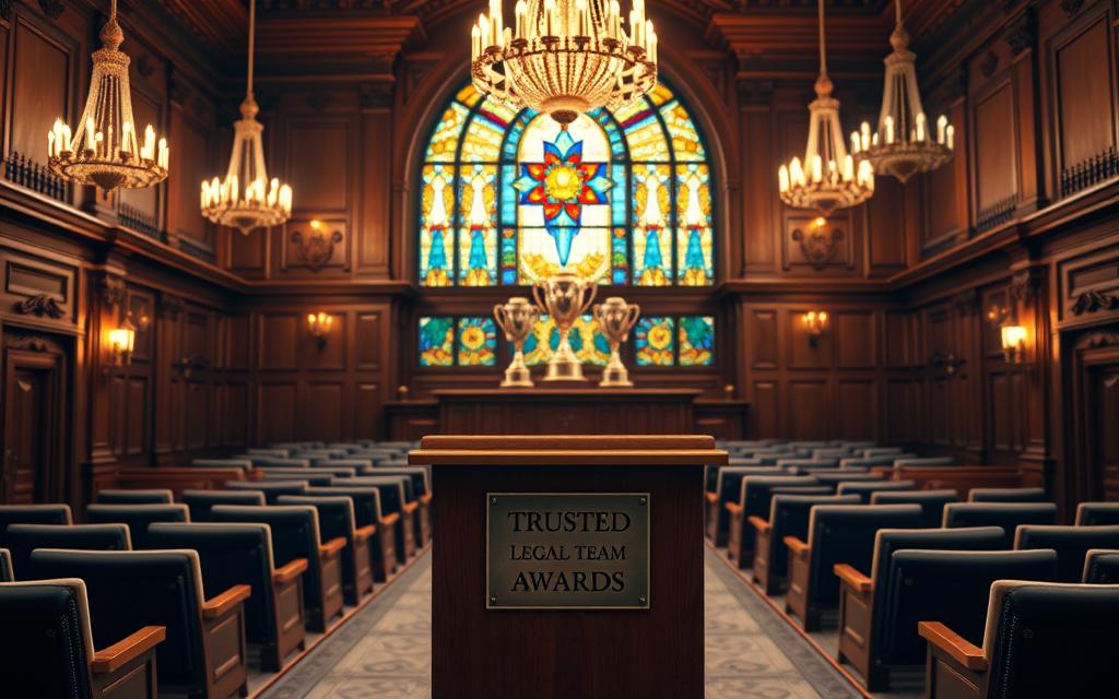 Elegant Award Ceremony In A Grand, Ornate Courtroom Setting. A Wooden Podium Stands In The Foreground, Adorned With A Metal Plaque That Reads &Quot;Trusted Legal Team Awards&Quot;. Behind It, Rows Of Cushioned Seats Face A Raised Dais With Three Gleaming Trophies. The Walls Are Paneled In Rich Mahogany, With Intricate Carvings And Gilded Details. Soft, Warm Lighting From Ornate Chandeliers Casts A Comforting Glow Over The Scene, Conveying A Sense Of Authority, Prestige, And Professionalism. A Large, Stained-Glass Window In The Background Bathes The Room In A Spectrum Of Colors, Symbolizing The Diverse Expertise Of The Award-Winning Legal Team. Elegant Award Ceremony In A Grand, Ornate Courtroom Setting. A Wooden Podium Stands In The Foreground, Adorned With A Metal Plaque That Reads &Quot;Trusted Legal Team Awards&Quot;. Behind It, Rows Of Cushioned Seats Face A Raised Dais With Three Gleaming Trophies. The Walls Are Paneled In Rich Mahogany, With Intricate Carvings And Gilded Details. Soft, Warm Lighting From Ornate Chandeliers Casts A Comforting Glow Over The Scene, Conveying A Sense Of Authority, Prestige, And Professionalism. A Large, Stained-Glass Window In The Background Bathes The Room In A Spectrum Of Colors, Symbolizing The Diverse Expertise Of The Award-Winning Legal Team.